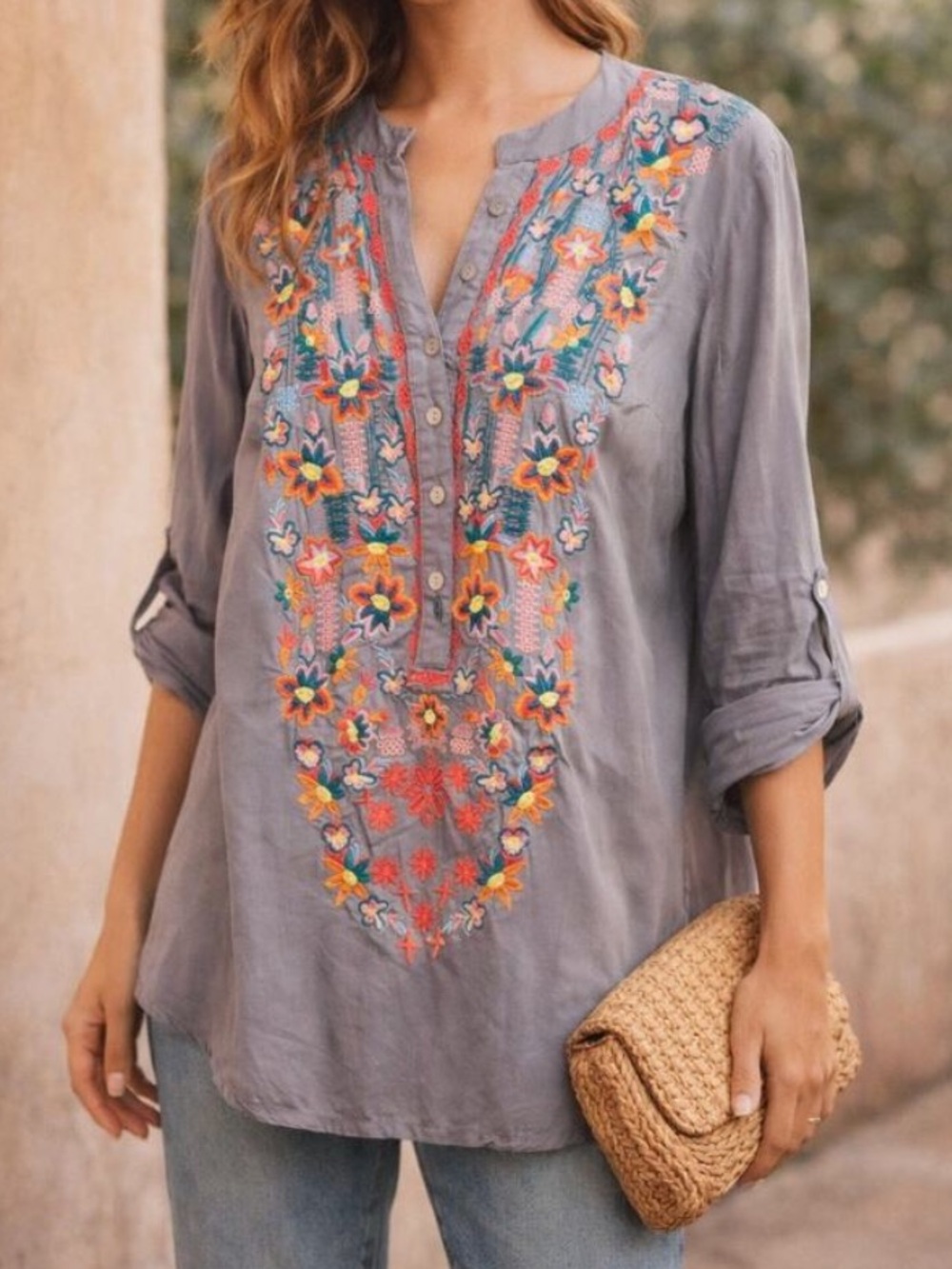 Luna Moon Anthropologie Embroidered Tunic Tribal Gray Multicolor Top XL